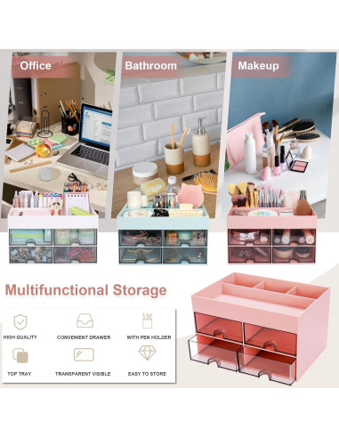 Organizador de Escritorio Meiikun Rosa con 4 Cajones y 4 Compartimentos