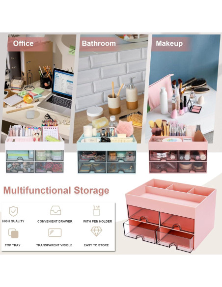 Organizador de Escritorio Meiikun Rosa con 4 Cajones y 4 Compartimentos Organizador de Escritorio Meiikun Rosa con 4 Cajones y 4 Compartimentos