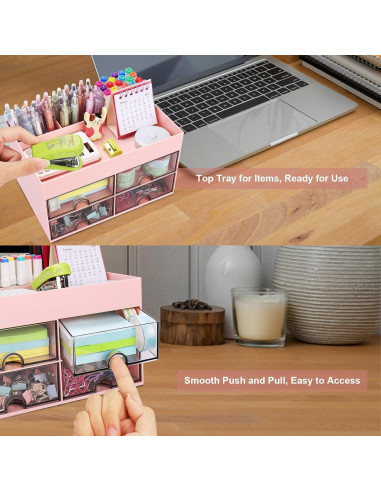 Organizador de Escritorio Meiikun Rosa con 4 Cajones y 4 Compartimentos