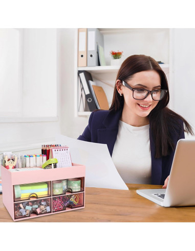 Organizador de Escritorio Meiikun Rosa con 4 Cajones y 4 Compartimentos