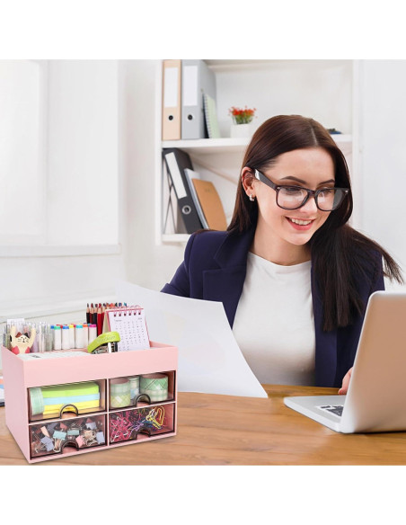 Organizador de Escritorio Meiikun Rosa con 4 Cajones y 4 Compartimentos Organizador de Escritorio Meiikun Rosa con 4 Cajones y 4 Compartimentos