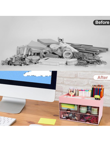 Organizador de Escritorio Meiikun Rosa con 4 Cajones y 4 Compartimentos