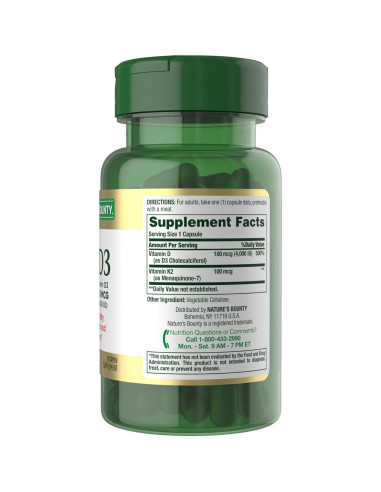 Suplemento Vitamina D3 K2 Nature's Bounty 60 Cápsulas
