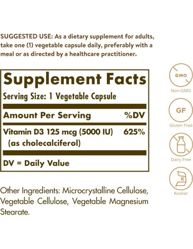 Solgar Vitamina D3 125 mcg 240 Cápsulas Vegetales - Soporte Huesos y Sistema Inmunológico