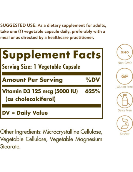 Solgar Vitamina D3 125 mcg 240 Cápsulas Vegetales - Soporte Huesos y Sistema Inmunológico