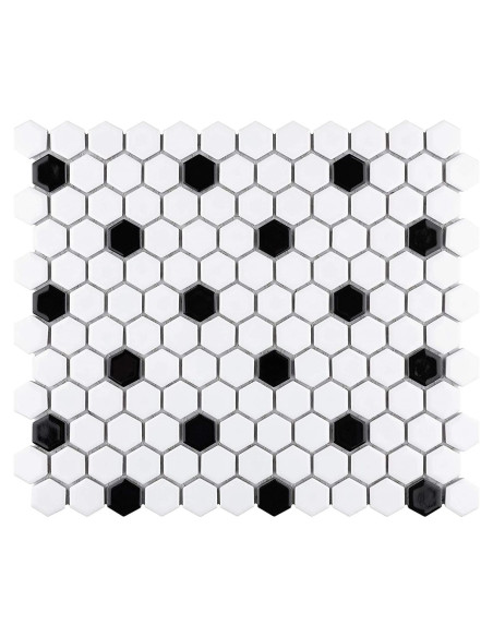 Azulejo Porcelana Hexagonal Tenedos Blanco y Negro Mate 2.22 cm