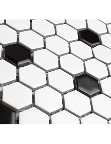 Azulejo Porcelana Hexagonal Tenedos Blanco y Negro Mate 2.22 cm