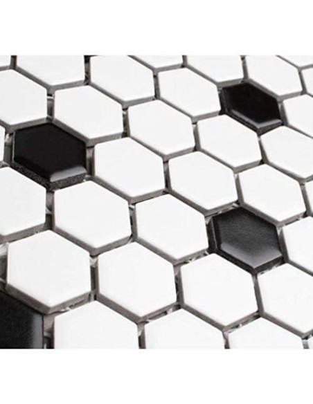 Azulejo Porcelana Hexagonal Tenedos Blanco y Negro Mate 2.22 cm