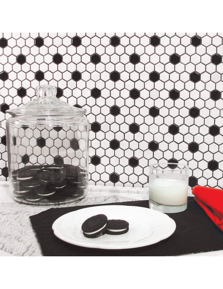 Azulejo Porcelana Hexagonal Tenedos Blanco y Negro Mate 2.22 cm