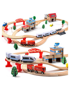 Juego de Tren de Madera Eléctrico HOLYFUN 88 Piezas para Niños