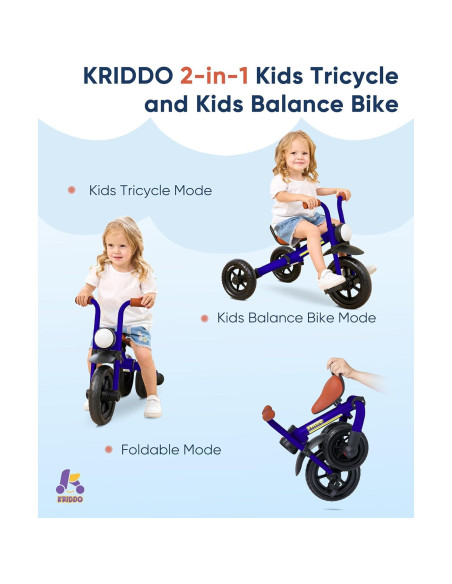 Bicicleta de Equilibrio 2-en-1 KRIDDO para Niños 2-5 Años