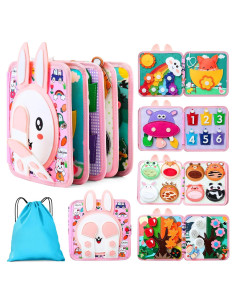 Libro Ocupado Montessori para Niños 1-3 Años con Conejo Rosa