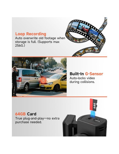 Cámara de Tablero TUIFAC GT806 2.5K + 1080P, Wi-Fi, 64GB