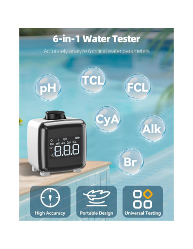 Kit de Prueba de Agua Digital 6 en 1 Pawfly - pH, Cloro, Bromo