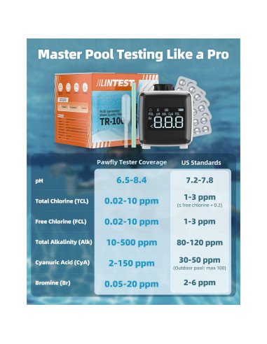 Kit de Prueba de Agua Digital 6 en 1 Pawfly - pH, Cloro, Bromo