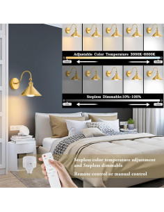 Aplique de pared inalámbrico Pillctvel dorado, juego de 2 luces LED 2