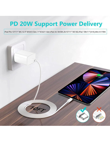 Cargador Rápido USB C 20W Sunsron + Cable 10FT para iPad