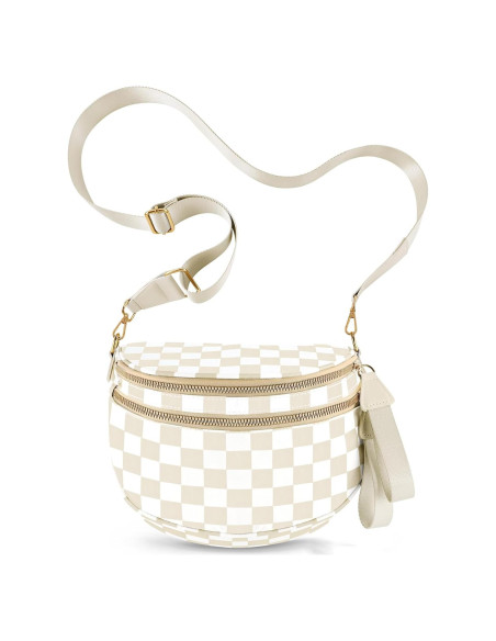 Bolso Cruzado de Nylon Impermeable para Mujeres - Cuadros Beige