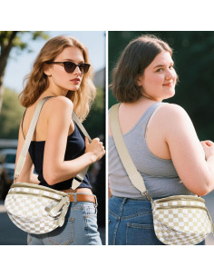 Bolso Cruzado de Nylon Impermeable para Mujeres - Cuadros Beige 2