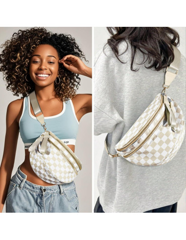 Bolso Cruzado de Nylon Impermeable para Mujeres - Cuadros Beige