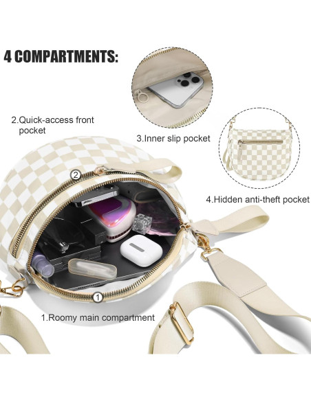 Bolso Cruzado de Nylon Impermeable para Mujeres - Cuadros Beige