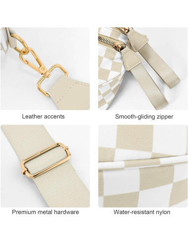 Bolso Cruzado de Nylon Impermeable para Mujeres - Cuadros Beige