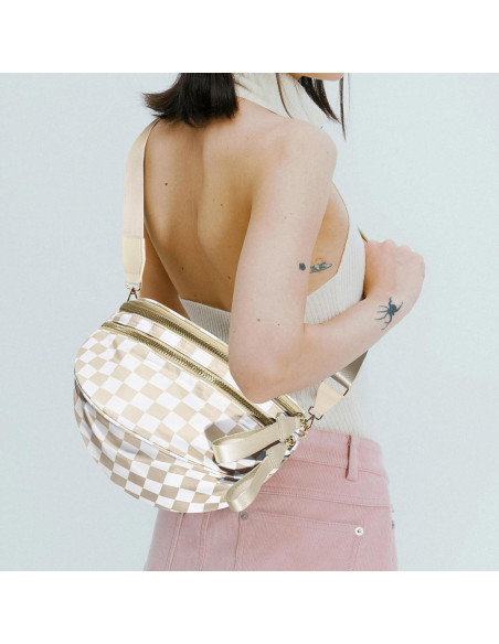 Bolso Cruzado de Nylon Impermeable para Mujeres - Cuadros Beige