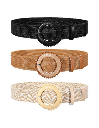 Conjunto de 3 Cinturones Elásticos de Paja Tejida para Mujeres