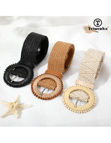 Conjunto de 3 Cinturones Elásticos de Paja Tejida para Mujeres