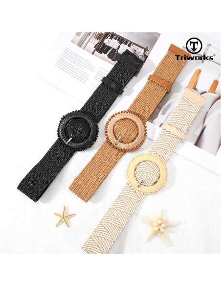 Conjunto de 3 Cinturones Elásticos de Paja Tejida para Mujeres