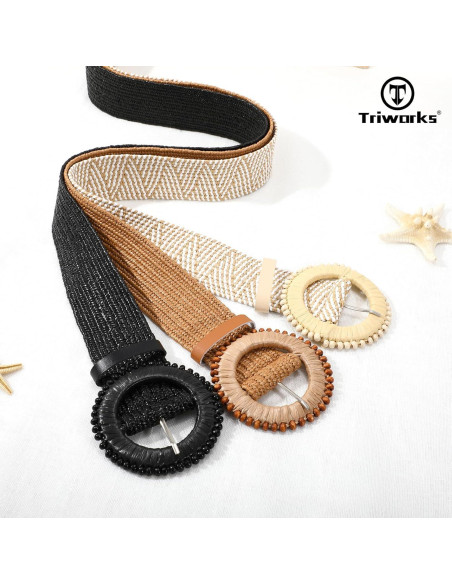 Conjunto de 3 Cinturones Elásticos de Paja Tejida para Mujeres
