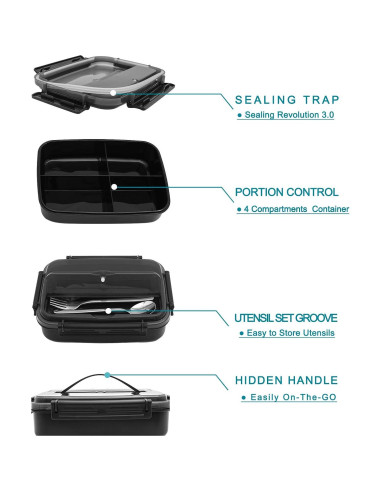 Caja Bento MINCOCO 1.8L con Bolsa, Tarro y Utensilios - Negro