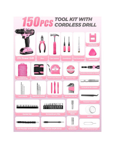 Juego de Taladro Inalámbrico Rosa 21V 150 Pcs HUAKAYO 2