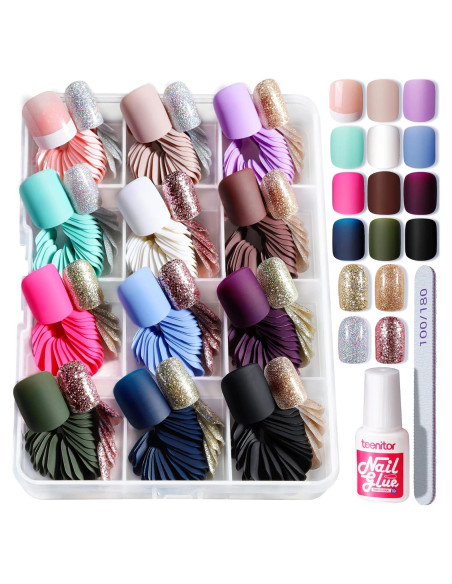 Kit de Uñas Falsas Cortas Teenitor 360 Piezas Mate y Brillo