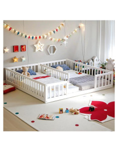 Cama de Piso Doble Twin ASKVDL con Barandillas y Cerca Blanca