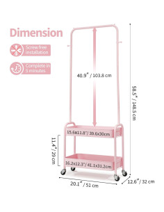 Perchero para Niños KINGRACK Rosa con Ruedas y Canasta 2