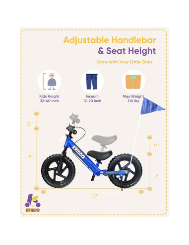 Bicicleta de Equilibrio KRIDDO Azul 12" para Niños 2-5 Años