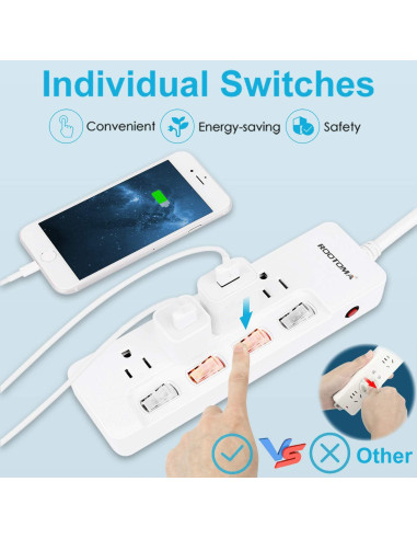 Cable de Extensión ROOTOMA 1.8m 4 Salidas AC con Interruptores