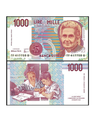 Billete Italiano 1000 Lire 1990 GEM Sin Circular Maria Montessori
