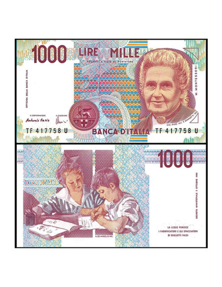 Billete Italiano 1000 Lire 1990 GEM Sin Circular Maria Montessori
