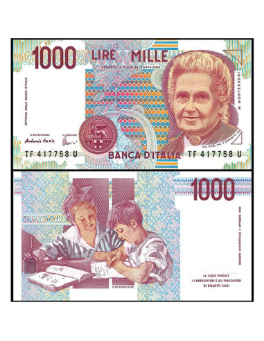 Billete Italiano 1000 Lire 1990 GEM Sin Circular Maria Montessori
