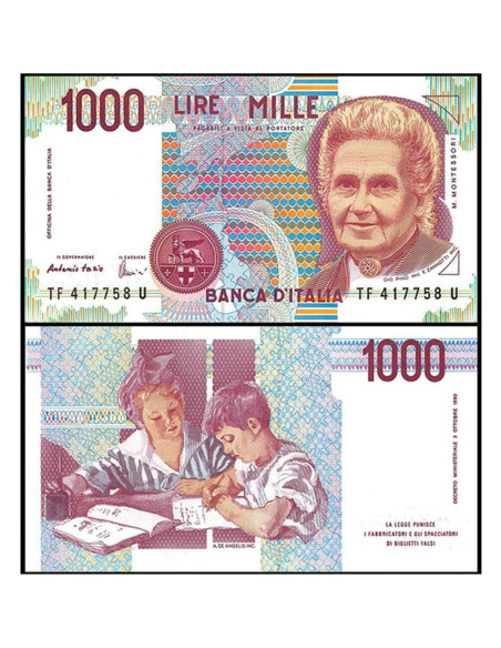 Billete Italiano 1000 Lire 1990 GEM Sin Circular Maria Montessori
