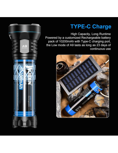 Linterna WUBEN A9 12000 Lúmenes Recargable IP68 10200mAh