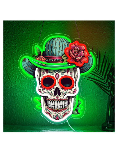 Luz de neón LED Calavera de Azúcar Sneignon Verde 36x32cm