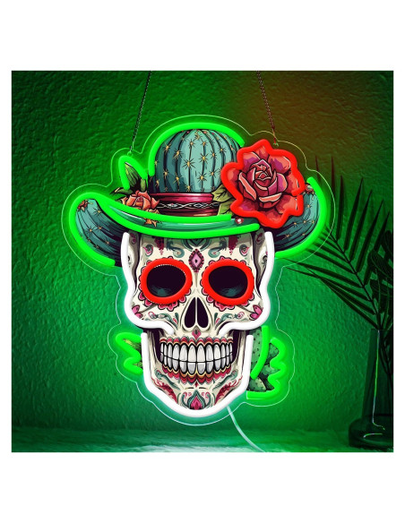 Luz de neón LED Calavera de Azúcar Sneignon Verde 36x32cm Luz de neón LED Calavera de Azúcar Sneignon Verde 36x32cm