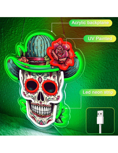 Luz de neón LED Calavera de Azúcar Sneignon Verde 36x32cm
