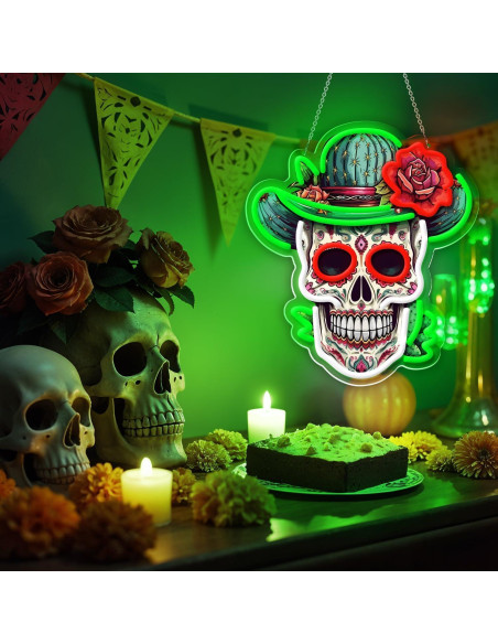 Luz de neón LED Calavera de Azúcar Sneignon Verde 36x32cm Luz de neón LED Calavera de Azúcar Sneignon Verde 36x32cm
