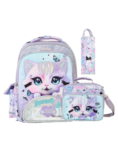 Mochila Escolar Niñas Kawali Gato Púrpura 16L Ergonómica