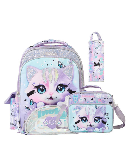 Mochila Escolar Niñas Kawali Gato Púrpura 16L Ergonómica