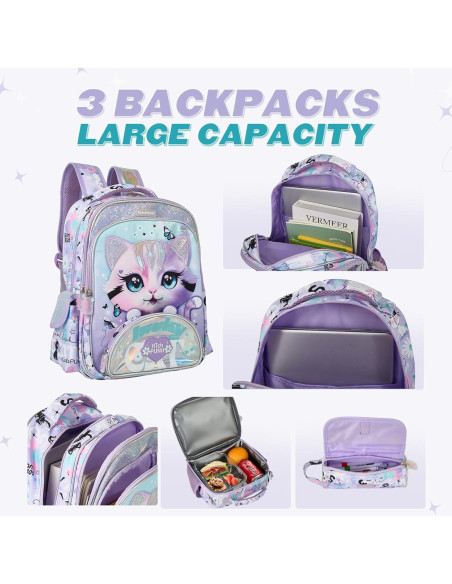 Mochila Escolar Niñas Kawali Gato Púrpura 16L Ergonómica
